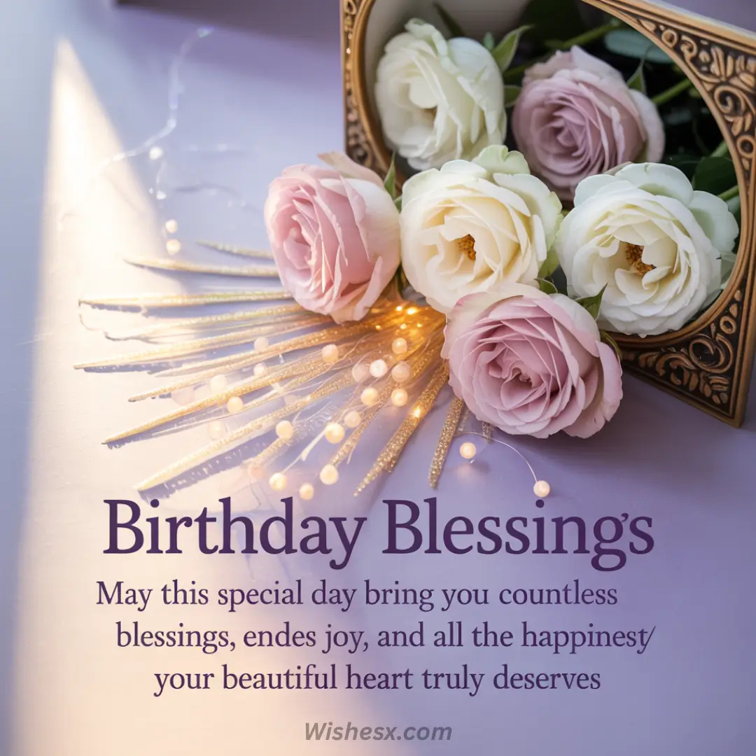 A bouquet with pink and white roses spills from a box, surrounded by glowing fairy lights on a lavender surface. Text reads, "Birthday Blessings" with a heartfelt message.
