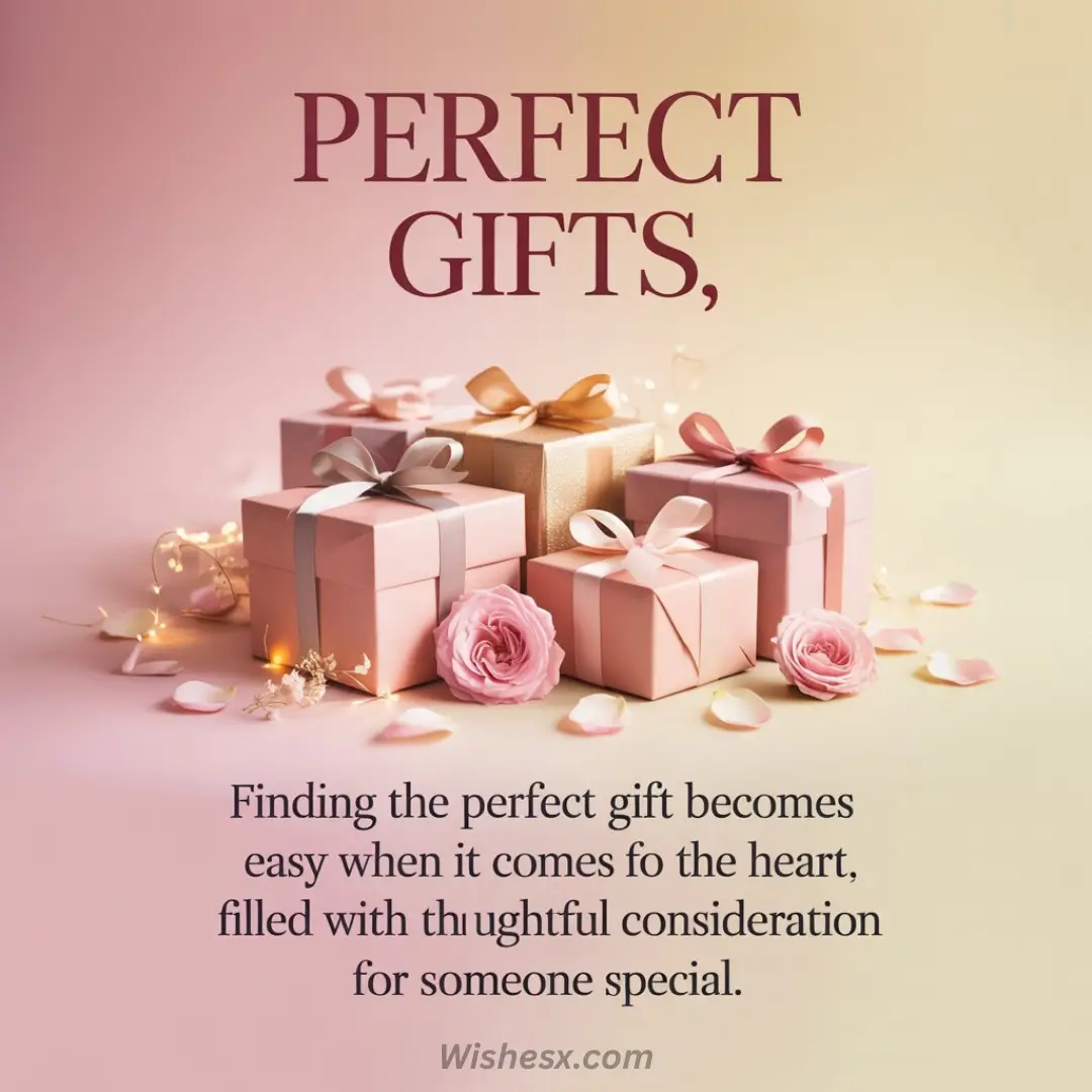 Elegant pink and gold gift boxes with bows are surrounded by roses and petals on a soft gradient background. The mood is thoughtful and romantic.