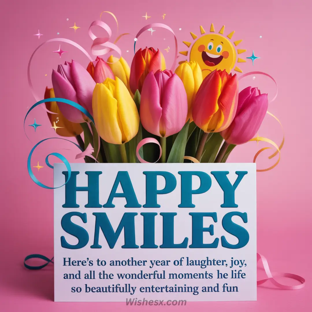 A vibrant bouquet of pink, yellow, and red tulips with a joyous smiling sun on a pink background. The card reads "HAPPY SMILES," conveying joy and celebration.