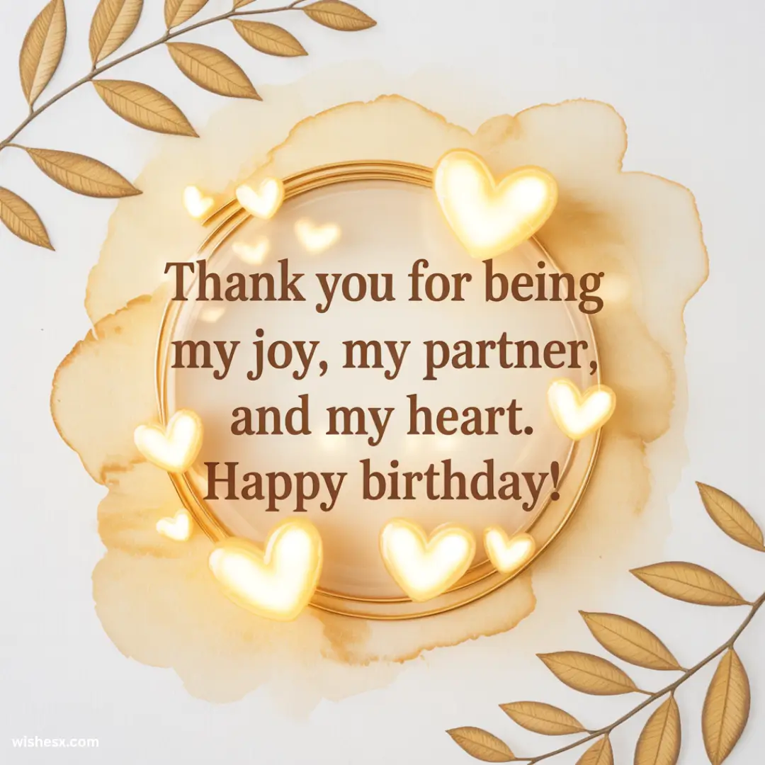 Birthday wishes for a partner expressing gratitude for their joy, love, and companionship.