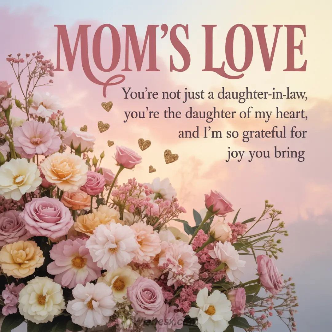 Bouquet of pink, peach, and white flowers with a sunset background. Text reads, "Mom's Love...You're the daughter of my heart," conveying warmth and gratitude.