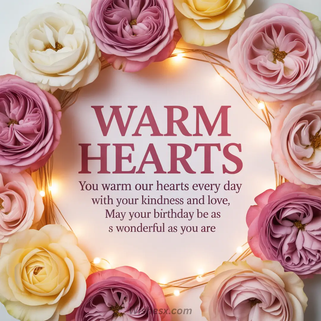 A birthday card with "Warm Hearts" and a heartfelt message, surrounded by pink, white, and yellow roses and soft string lights, creating a cozy, loving atmosphere.