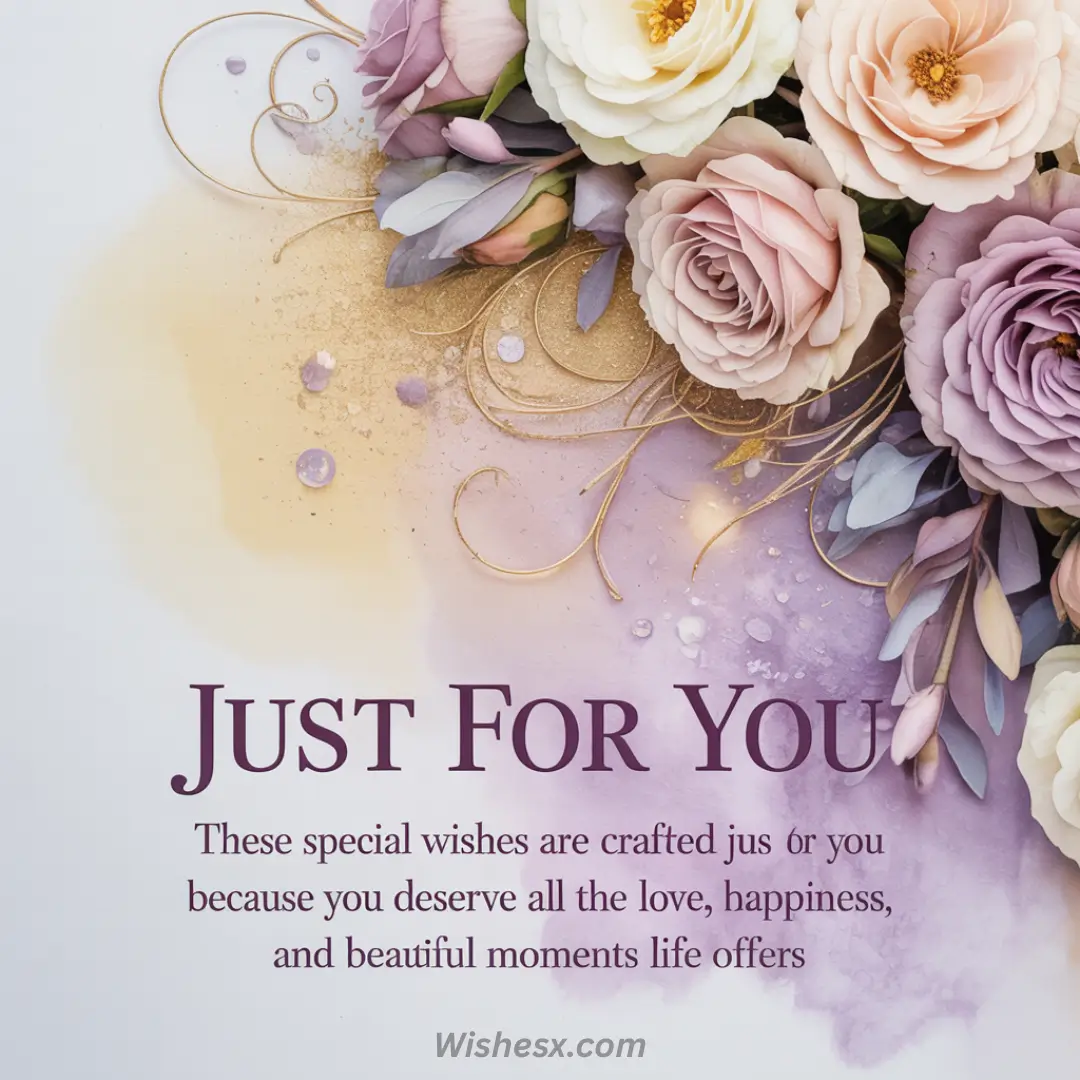 Beautifully arranged roses in cream, pink, and purple with delicate leaves overlay a gold and purple watercolor background. The text reads, "Just For You."