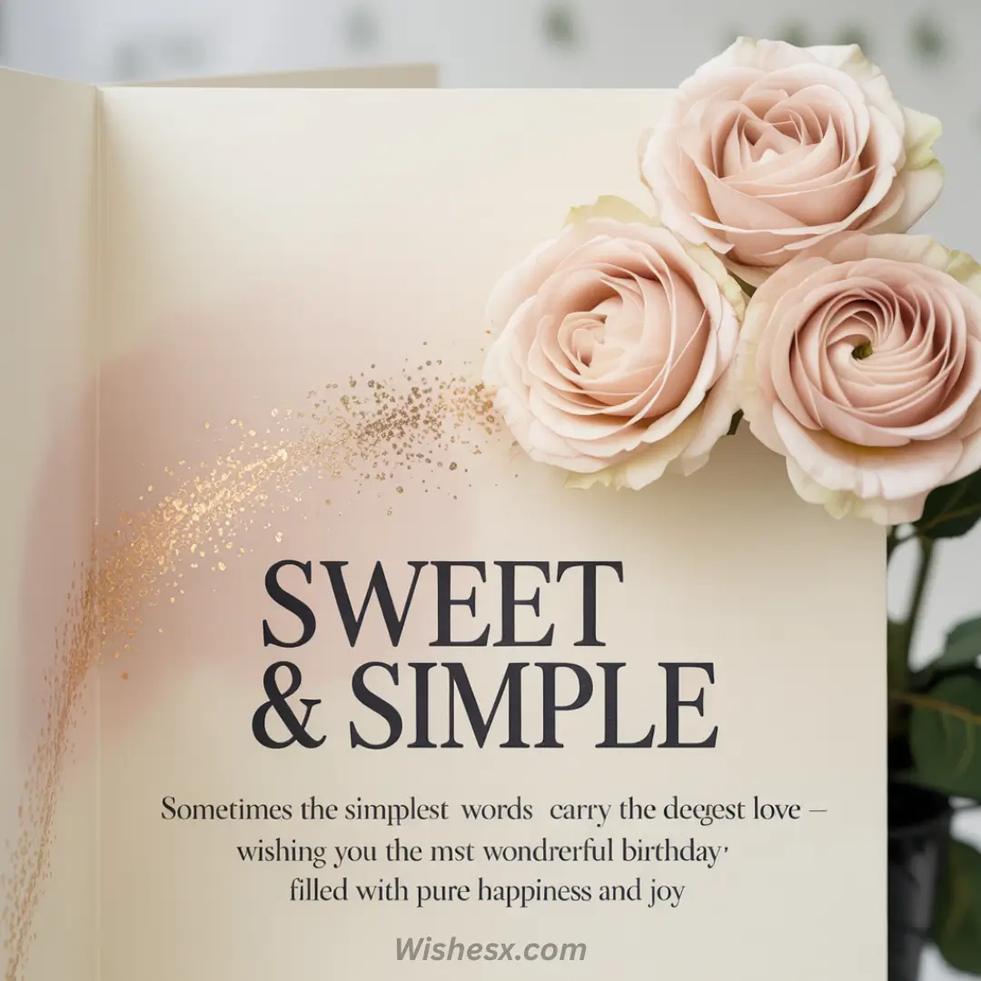 Open greeting card with "Sweet & Simple" text, accompanied by three pale pink roses on the top right. Warm, elegant, and celebratory tone.