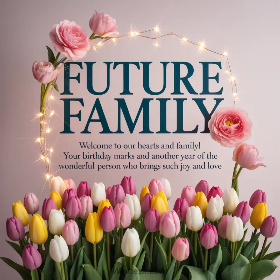 A bouquet of pink, yellow, and white tulips against a pastel pink background. "Future Family" text is adorned with roses and fairy lights, conveying warmth and love.