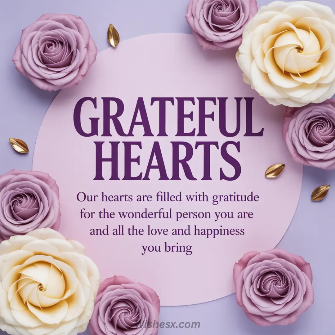 Purple and ivory roses surround the text "Grateful Hearts" on a pastel lavender background. The mood is warm and appreciative.