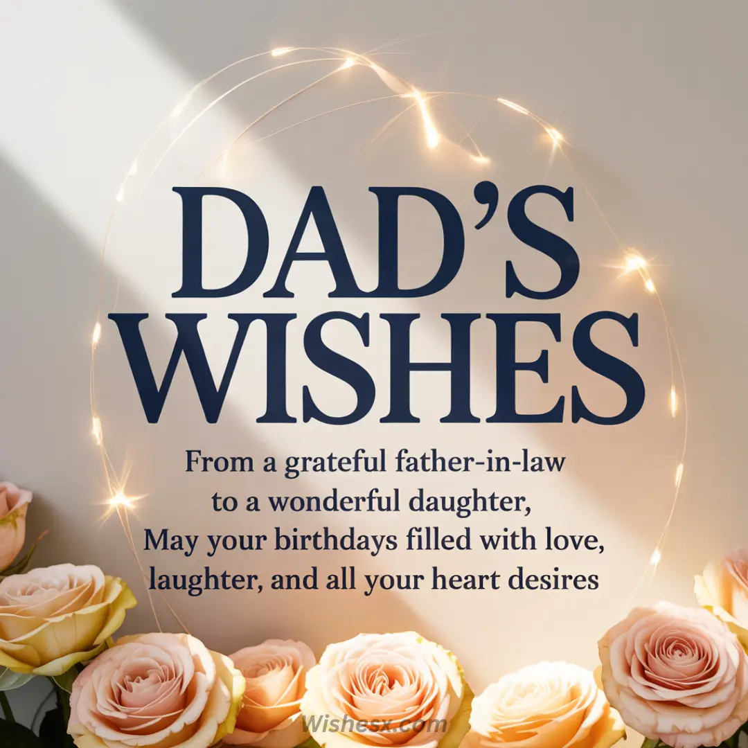 A message reads, "DAD'S WISHES," with a heartfelt note from a father-in-law. The text is surrounded by soft pink roses and glowing string lights, conveying warmth and affection.