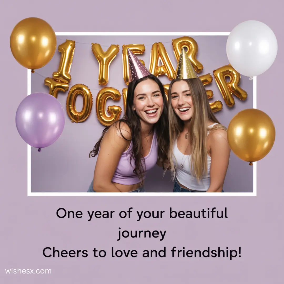 Two smiling women hold colorful balloons, celebrating one year together with cheerful text overlay.