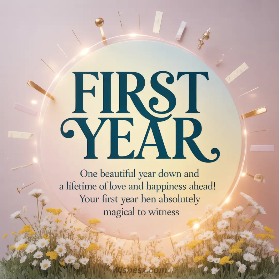 A round, pastel-colored graphic reads "First Year" with a celebratory message. Surrounded by daisies and gold accents, it conveys joy and warmth.