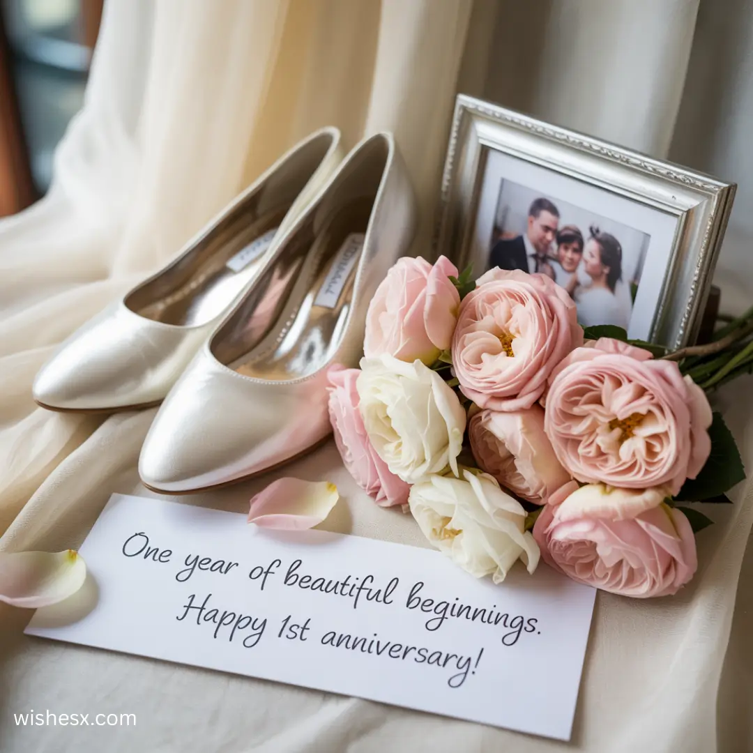 Elegant wedding shoes beside a bouquet of colorful flowers on a soft surface. 