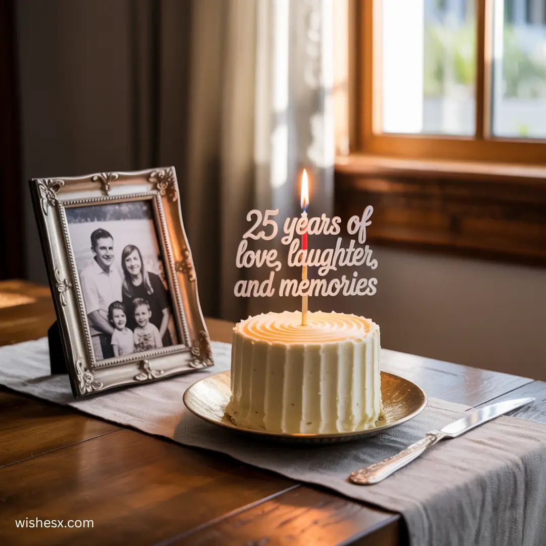 A birthday cake with a lit candle sits beside a framed photo, creating a festive celebration atmosphere.