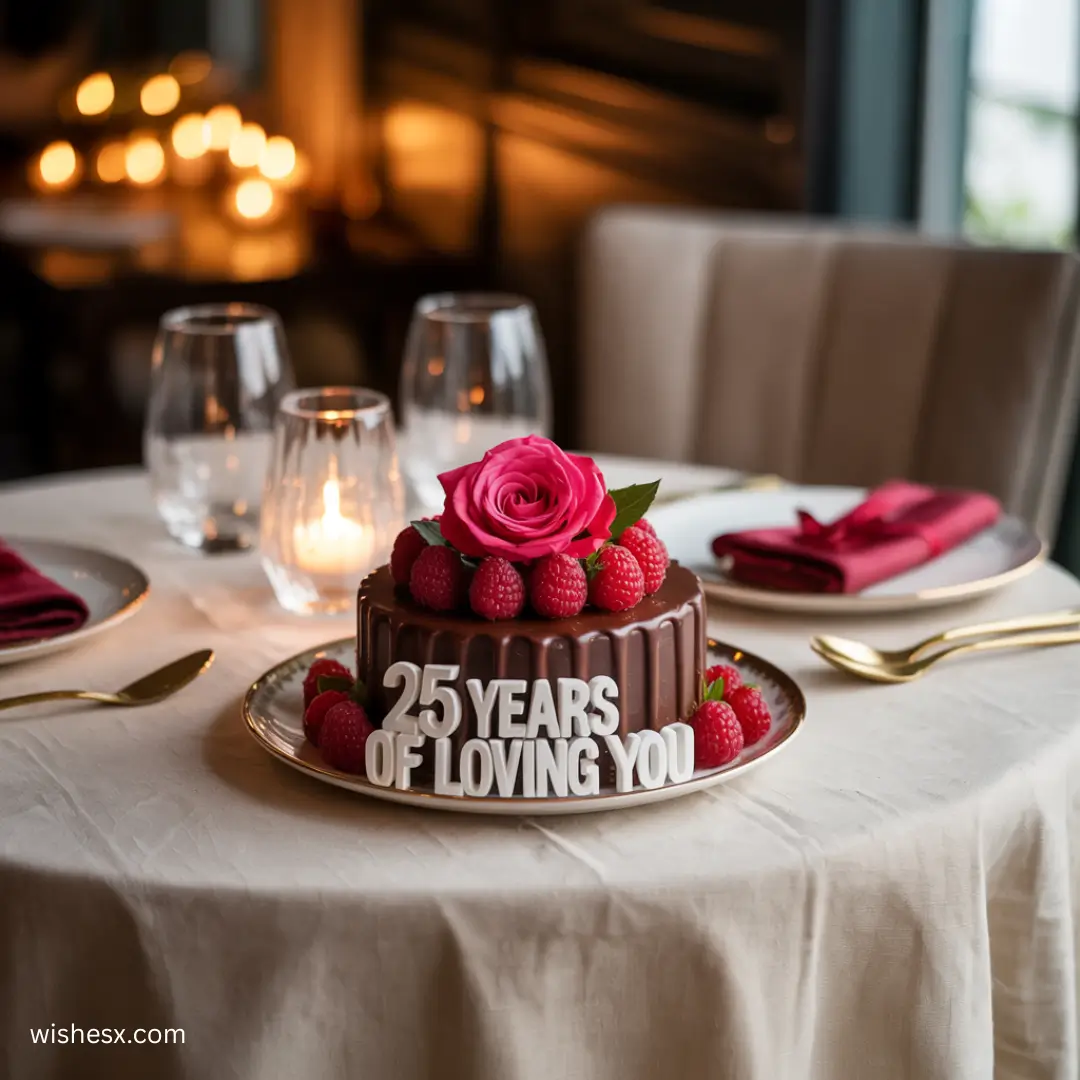 A beautifully decorated 25th anniversary cake topped with chocolate and fresh raspberries.