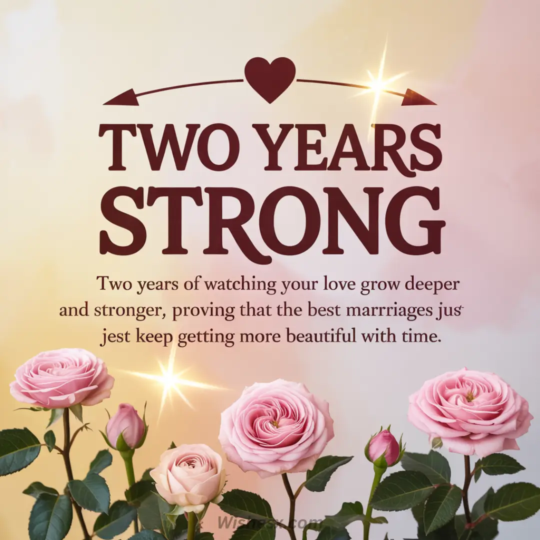 Romantic anniversary card with "Two Years Strong" text, pink roses, and a soft pastel background. Emphasizes love's depth and beauty over time.