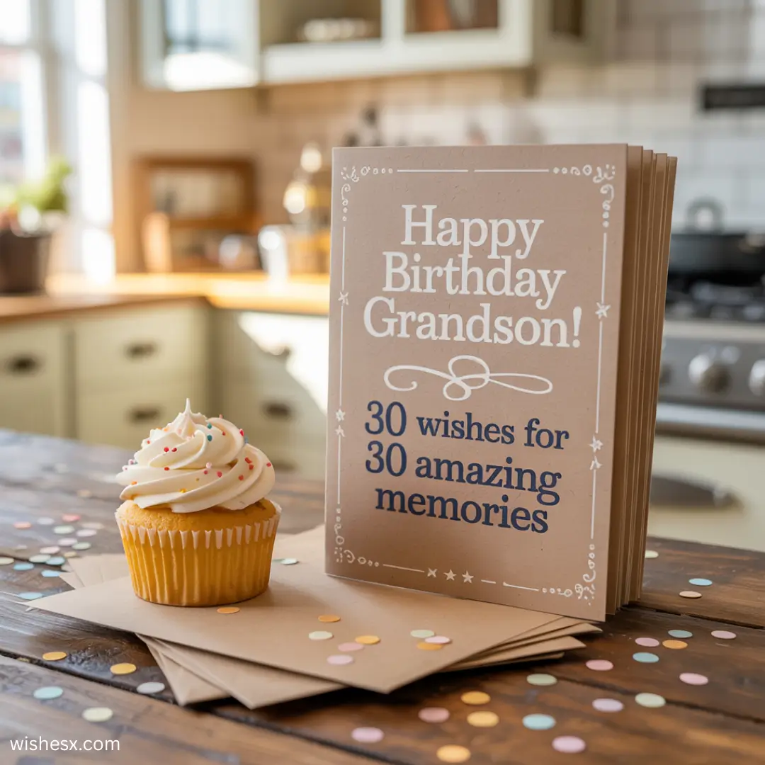 Birthday card and cupcake on a kitchen table. The card reads "Happy Birthday Grandson! 30 wishes for 30 amazing memories." Festive and warm setting.