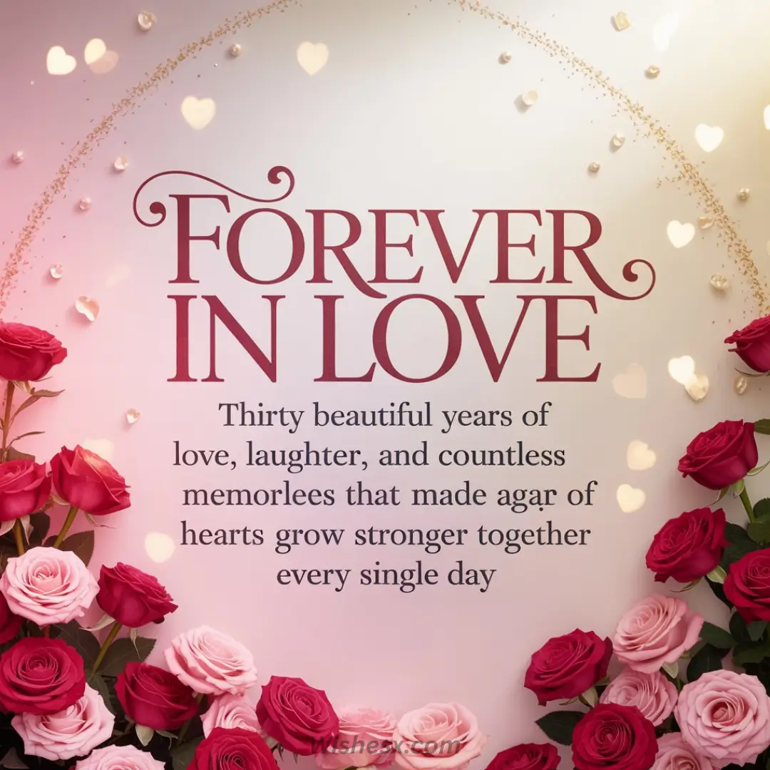 Roses border romantic text reading "Forever in Love," celebrating 30 years of togetherness. Soft hearts and sparkles add a warm, loving touch.