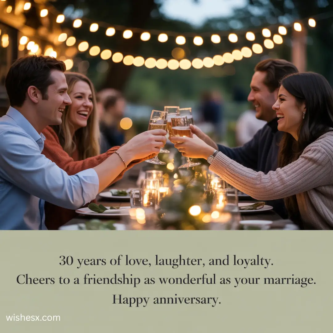 Happy anniversary card celebrating 30 years of love, laughter, and loyalty between a couple.