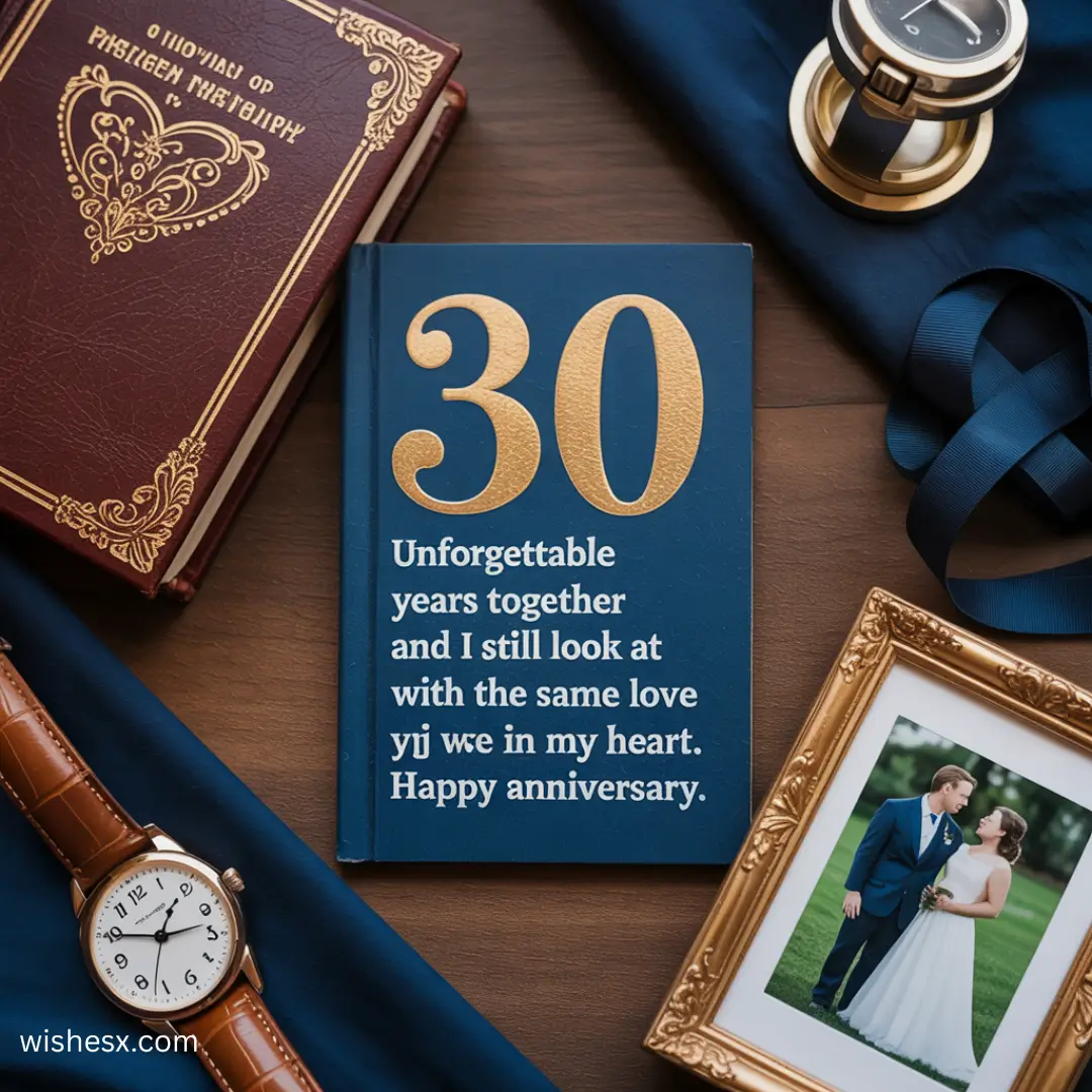 A colorful card celebrating a 30th anniversary, featuring elegant text and decorative elements.