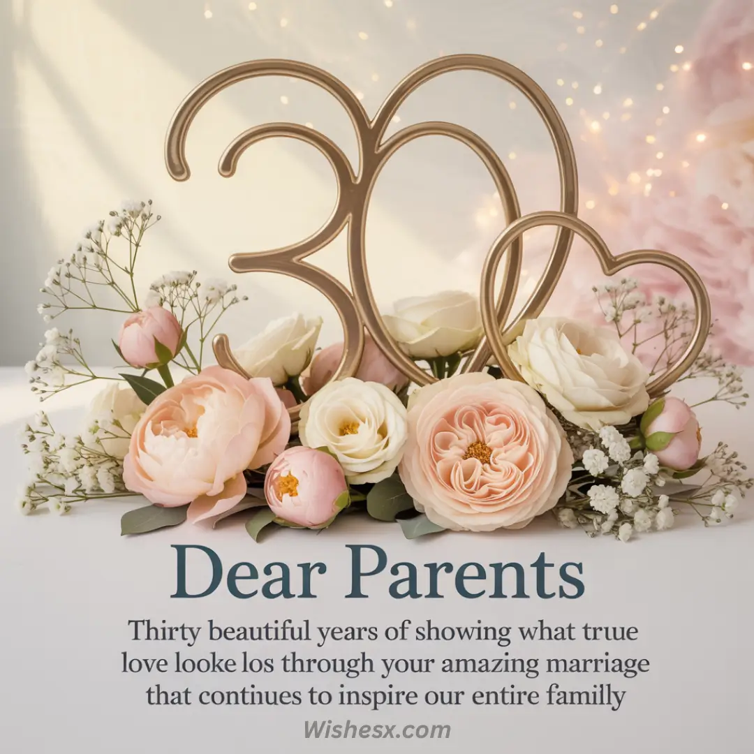 Elegant 30th anniversary decoration with a gold "30" and heart, surrounded by blush and white roses. Text: "Dear Parents, Thirty beautiful years..."
