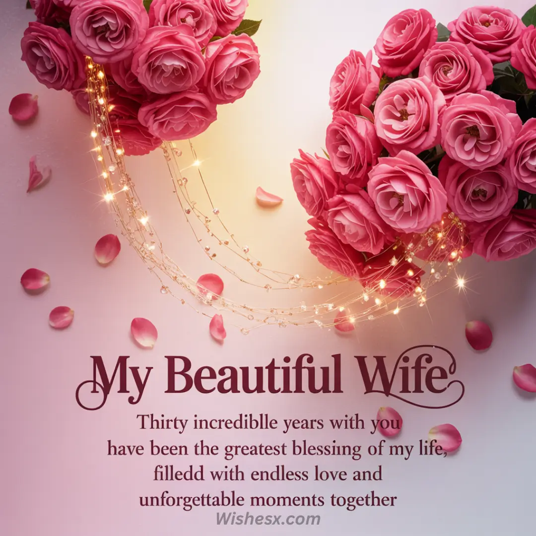Pink roses and twinkling lights frame romantic text celebrating thirty years with a wife. Petals scattered on the soft, glowing background.