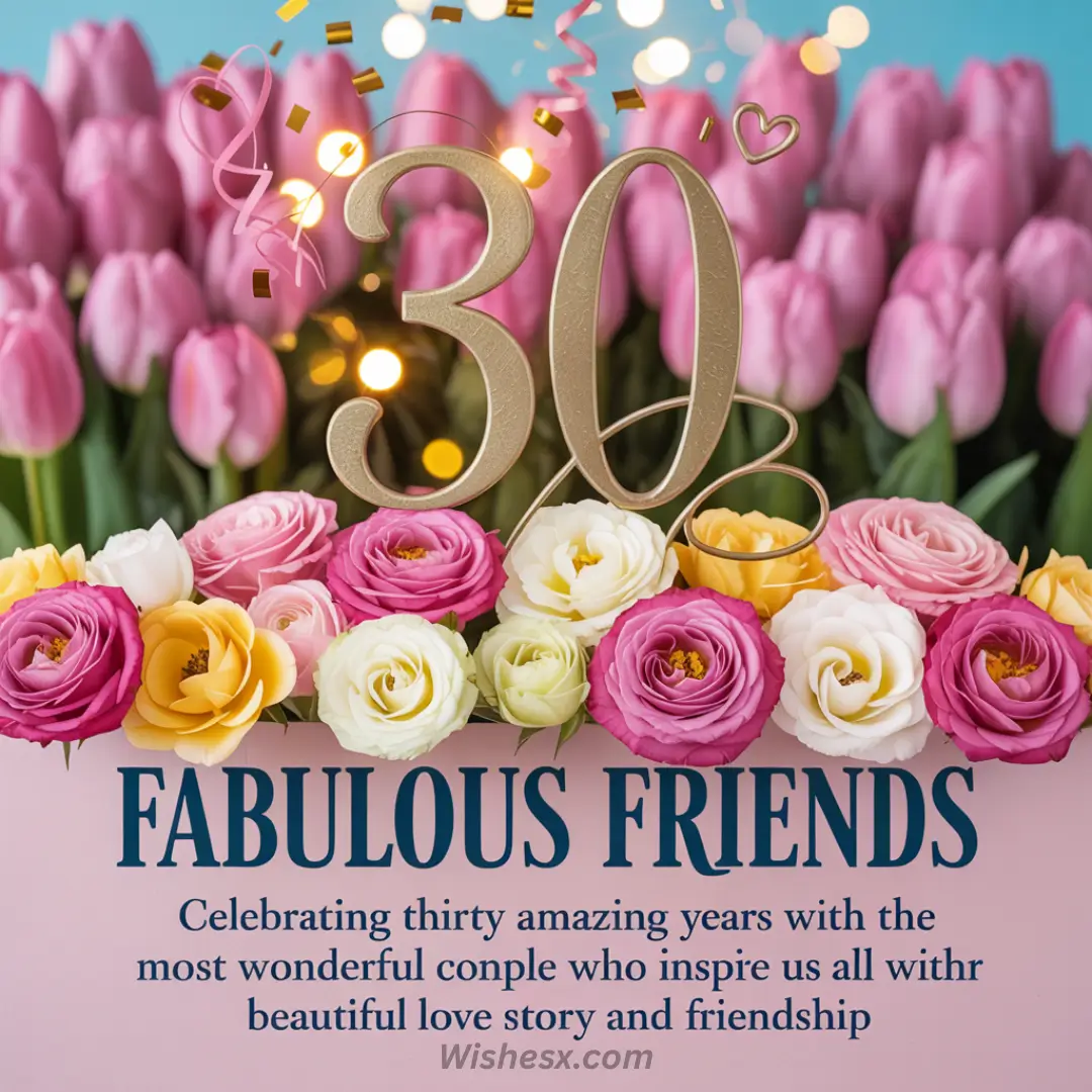 Pink and gold "30" surrounded by confetti above vibrant roses and tulips. Text reads "Fabulous Friends" celebrating a 30th anniversary.