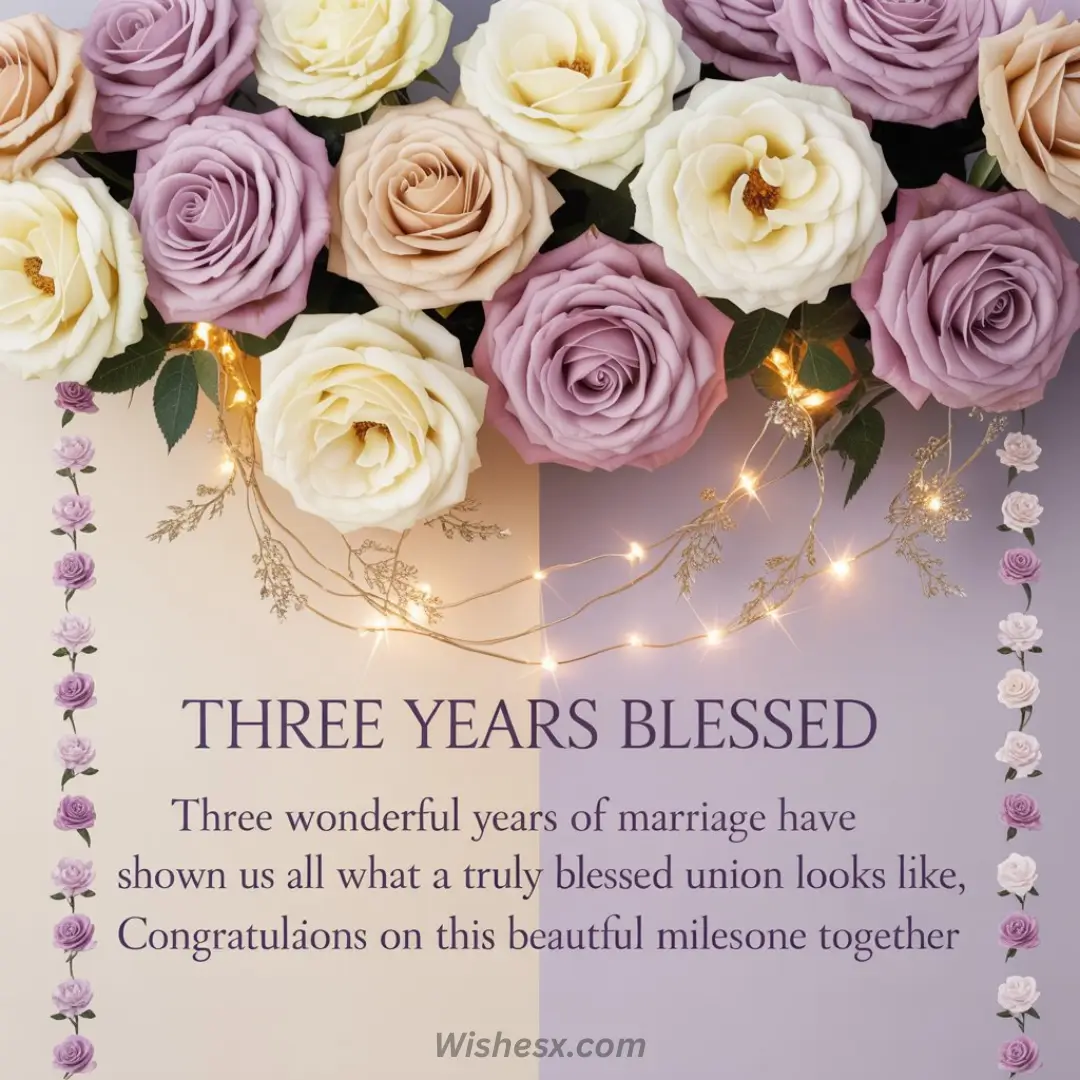 A floral arrangement with pink, white, and peach roses over a soft gradient background. String lights and text celebrate a three-year marriage anniversary.