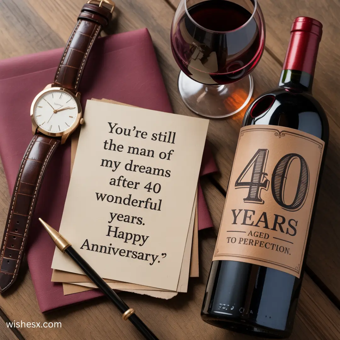 A bottle of wine, a watch, and a note reading "You're still my favorite after 40 years" on a wooden table. 