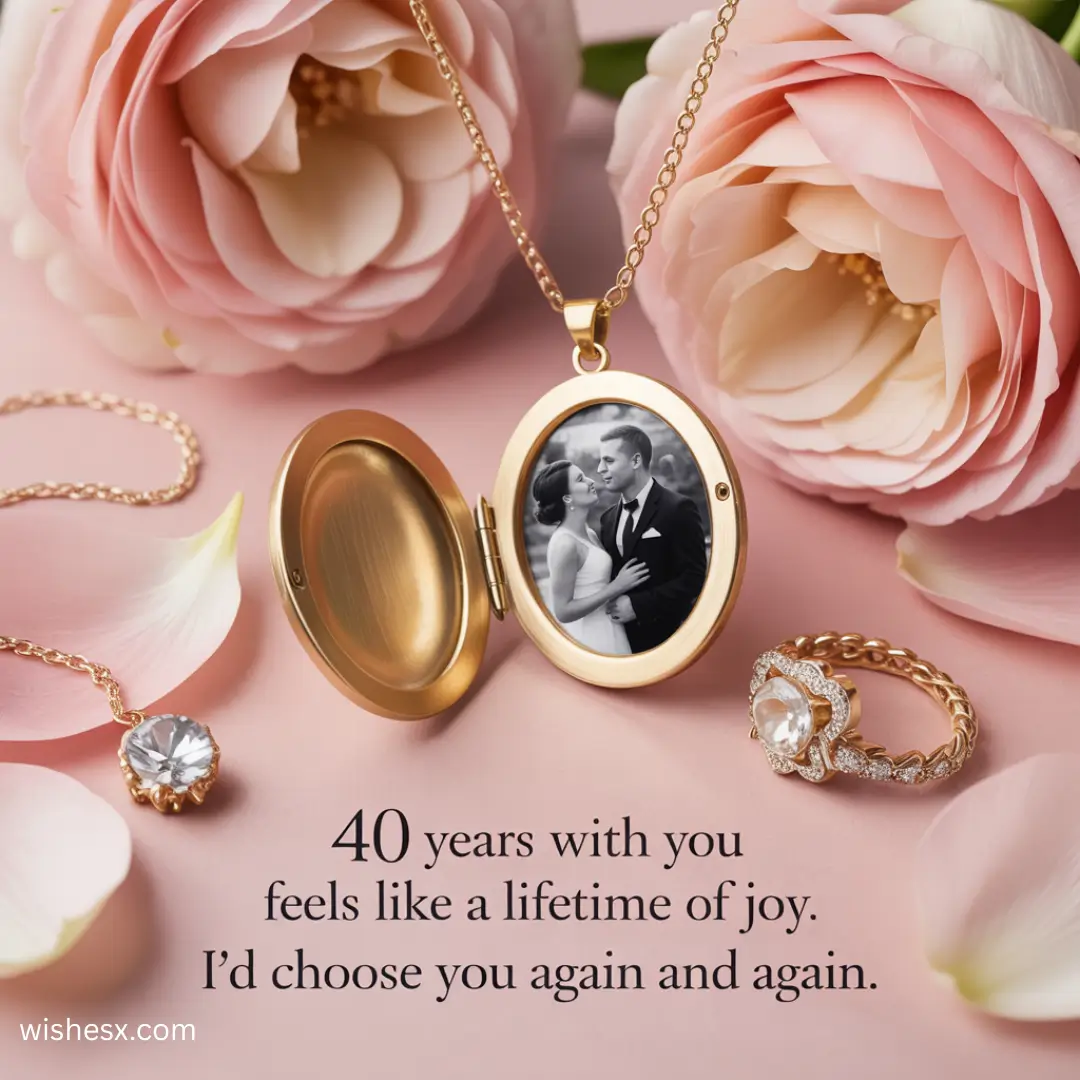 A collection of thoughtful gift ideas for celebrating a 40th anniversary, featuring various items and themes.