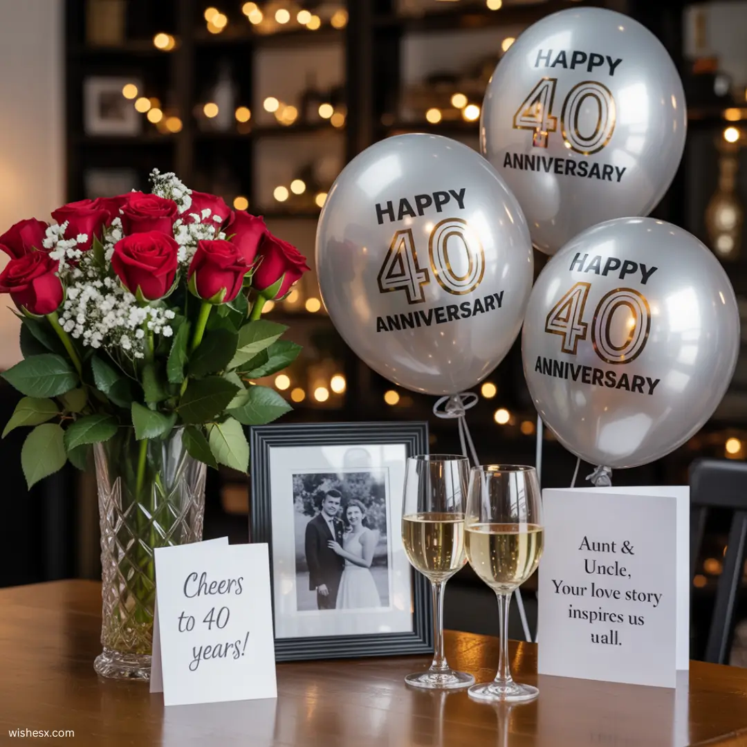 A table set with a photo frame, two champagne glasses, and two colorful balloons, creating a festive atmosphere. 