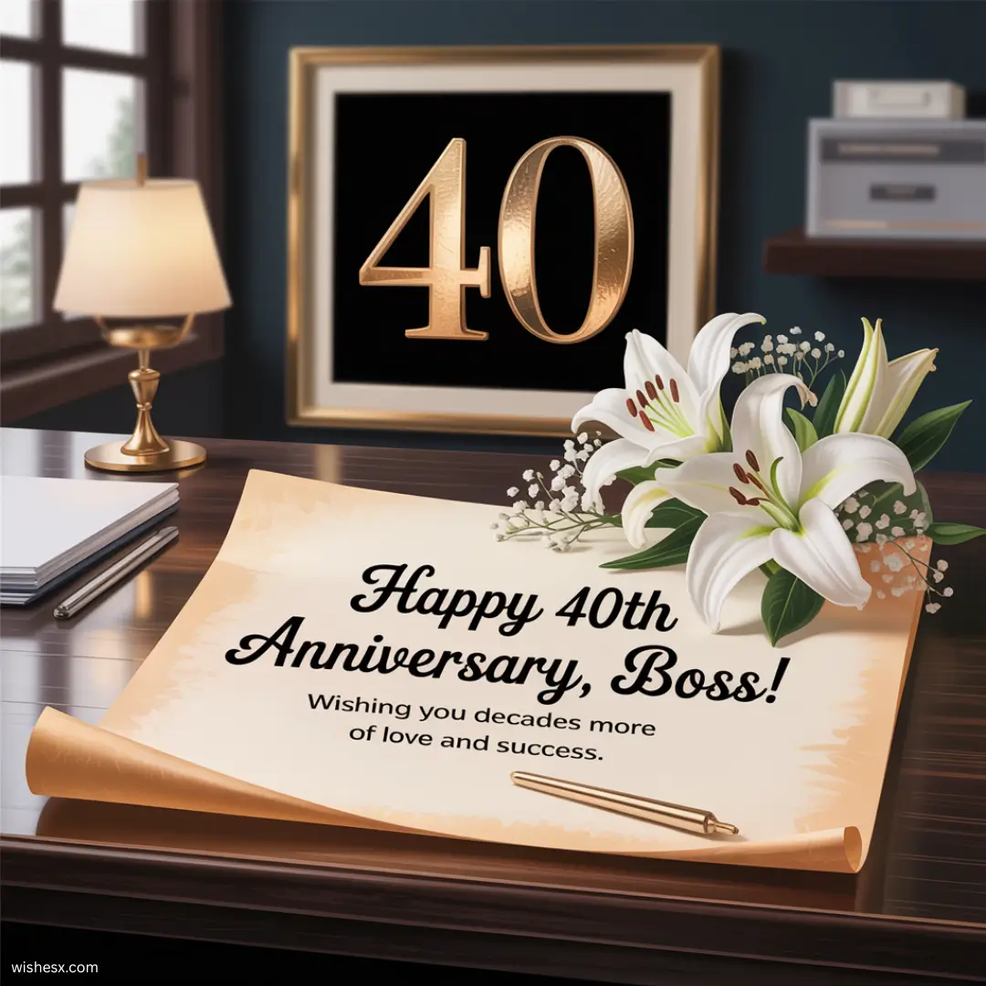 A festive banner reading "Happy 40th Anniversary, Boss" with colorful decorations and balloons.