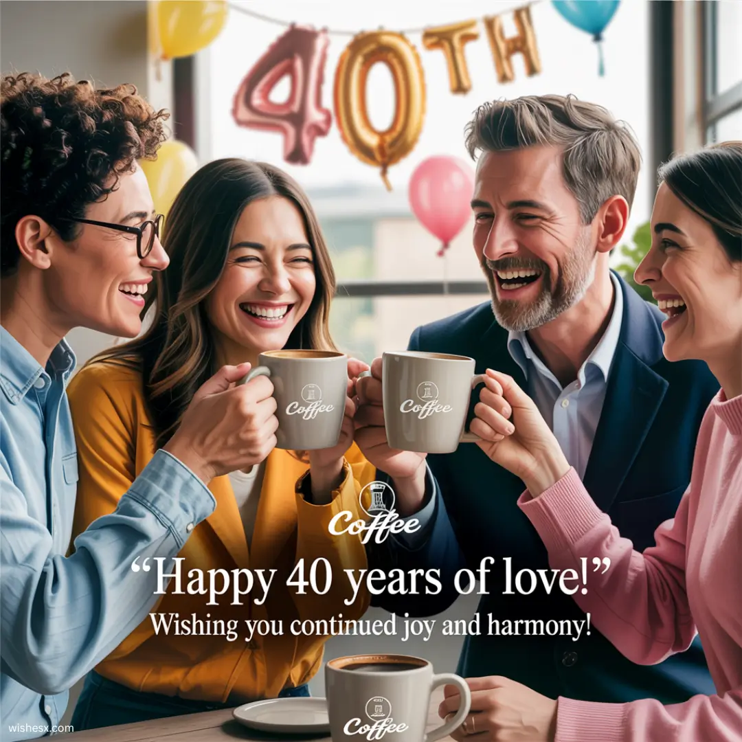A festive coffee cup with "Happy 40th Anniversary" written on it, surrounded by colorful decorations and confetti.