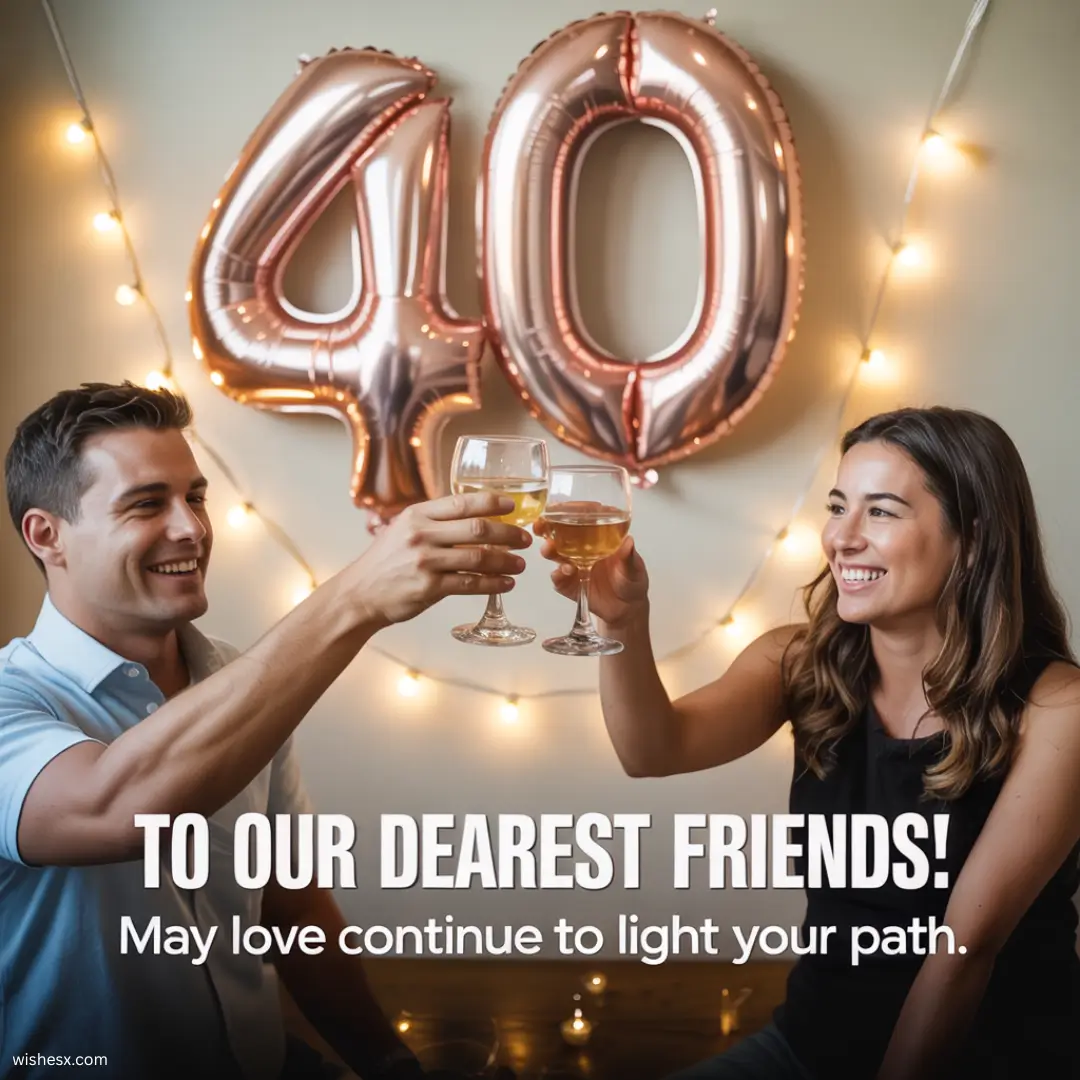 A festive banner wishing a happy 40th birthday to our beloved friends, decorated with balloons and confetti.