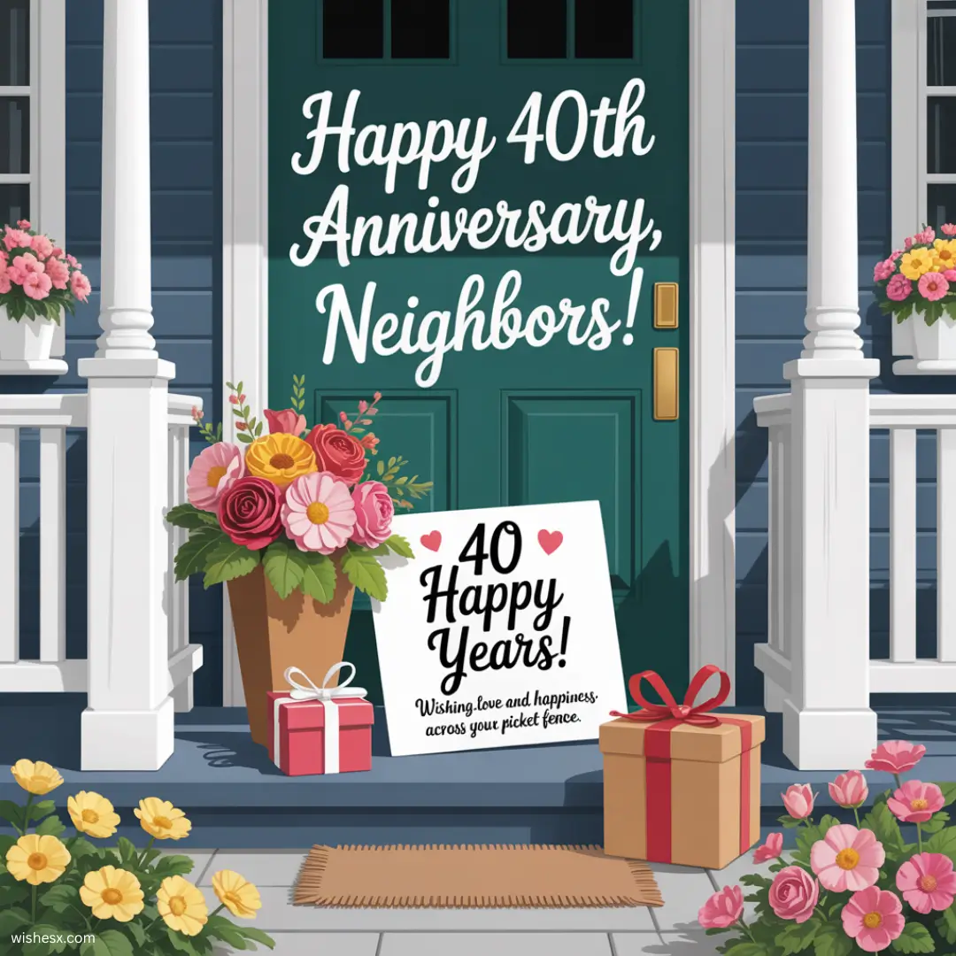 Happy 40th anniversary celebration banner for neighbors, featuring colorful decorations and cheerful designs.