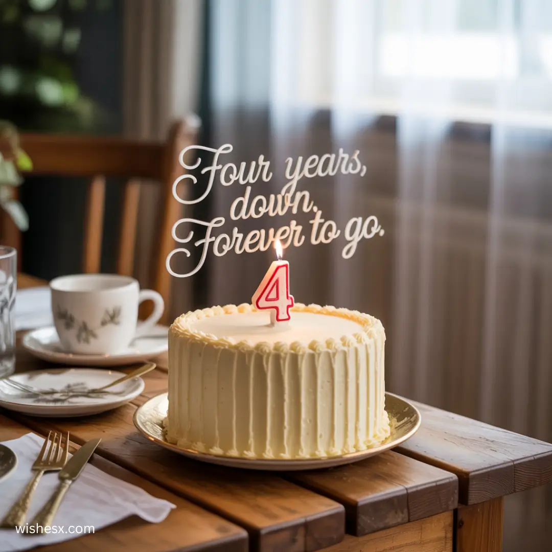 Cake topper reading "Four Years, Forever to Go" in elegant script, symbolizing a celebration of lasting commitment.