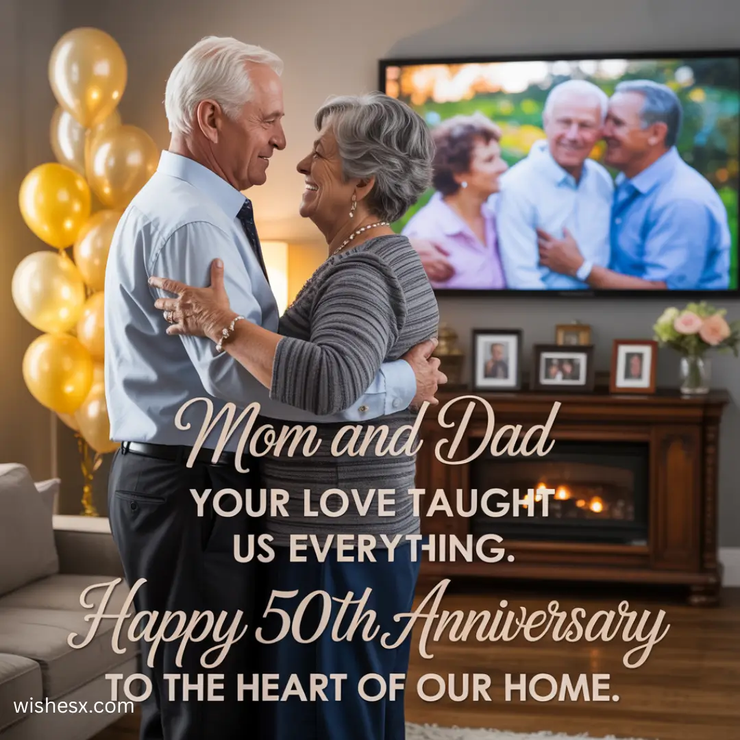 50th anniversary card featuring elegant design, celebrating love and memories for mom and dad's milestone together.