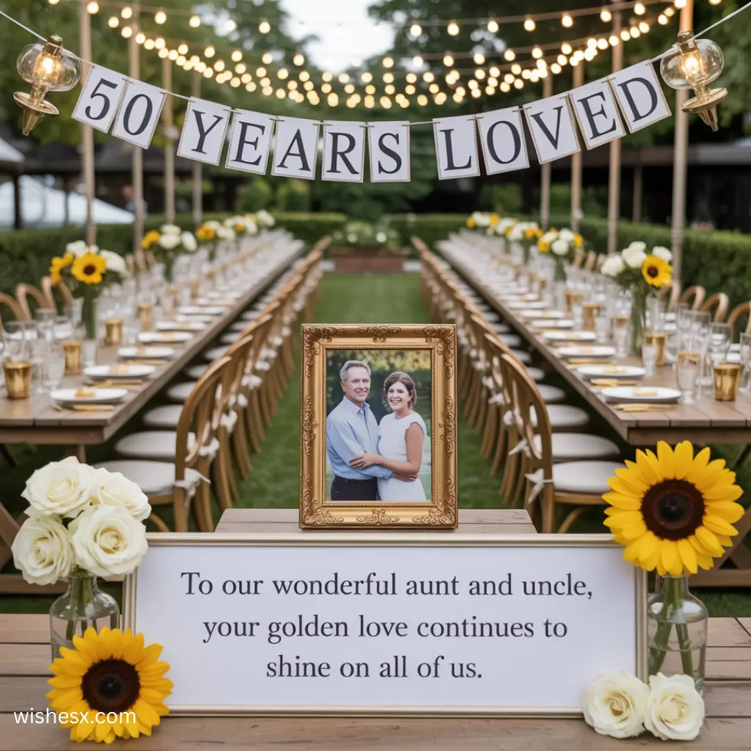 Elegant table decorations for a 50th wedding anniversary, featuring gold accents, floral arrangements, and candles.