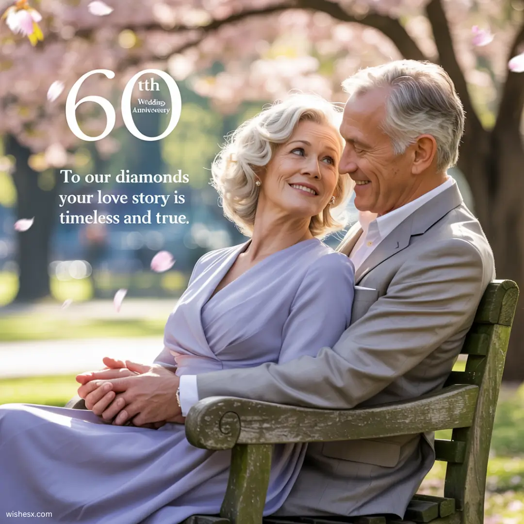 A couple sits on a bench under a cherry blossom tree, surrounded by delicate pink flowers in full bloom.