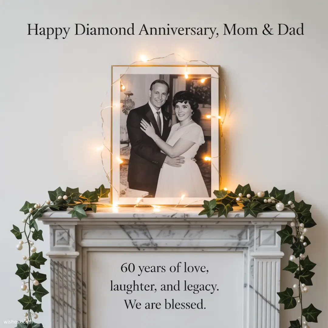  Celebratory image for mom and dad's diamond anniversary, featuring joyful expressions and festive decorations.
