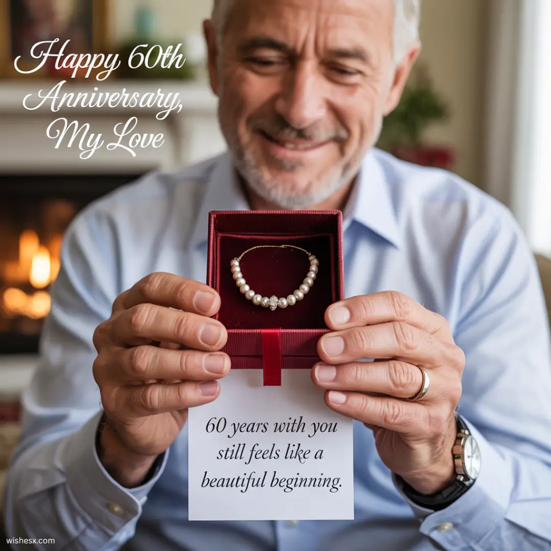 A man presents a gift box, revealing a sparkling diamond necklace inside.