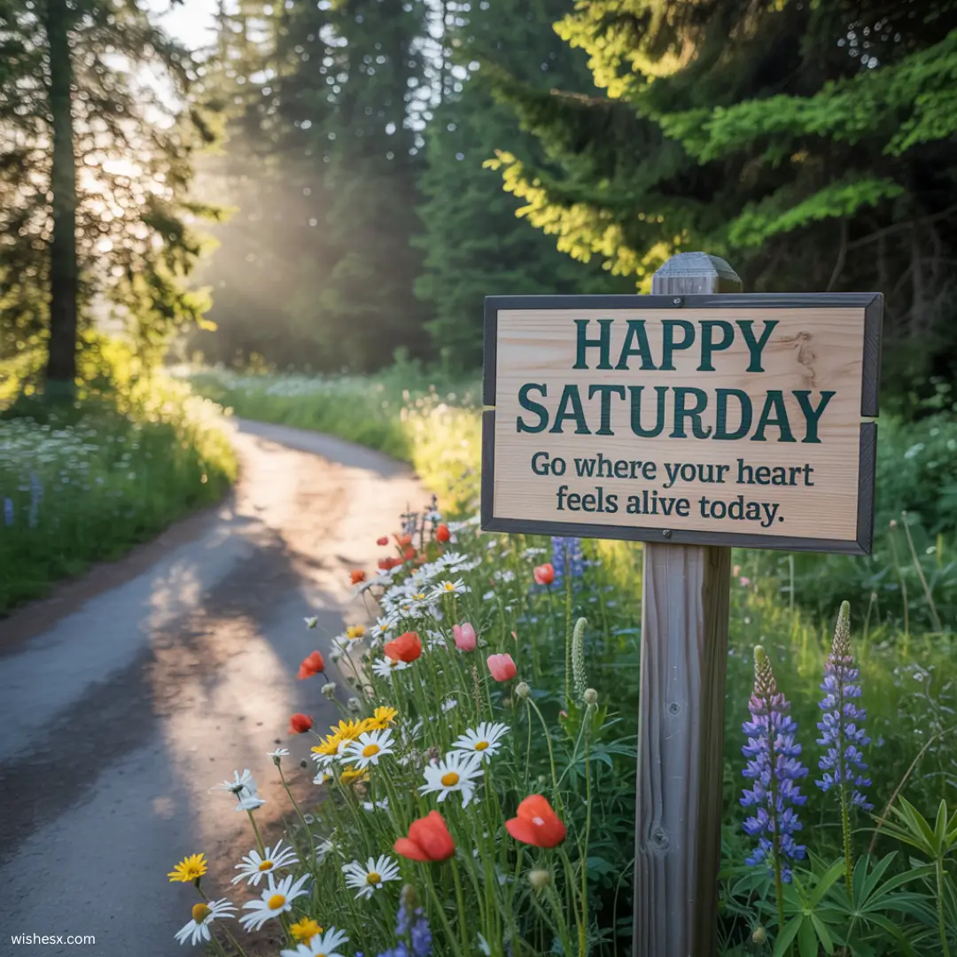 A sign displaying the message "Happy Saturday" in bold, colorful letters against a bright background.