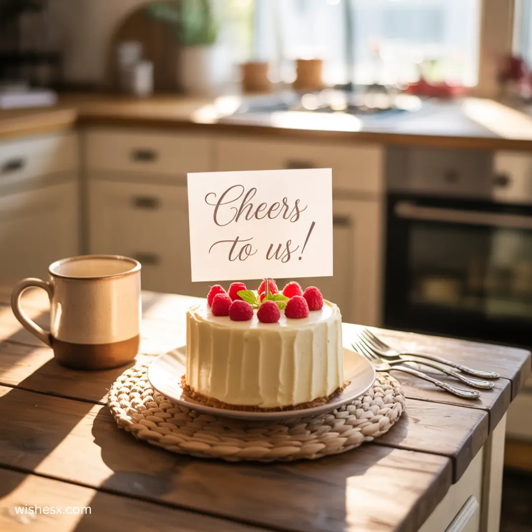 A decorated cake on a table with a sign reading "Cheers to Us" displayed beside it.