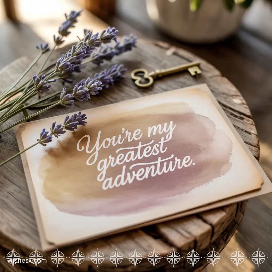 Watercolor card featuring the phrase "You're my greatest adventure" in elegant lettering with a whimsical design.