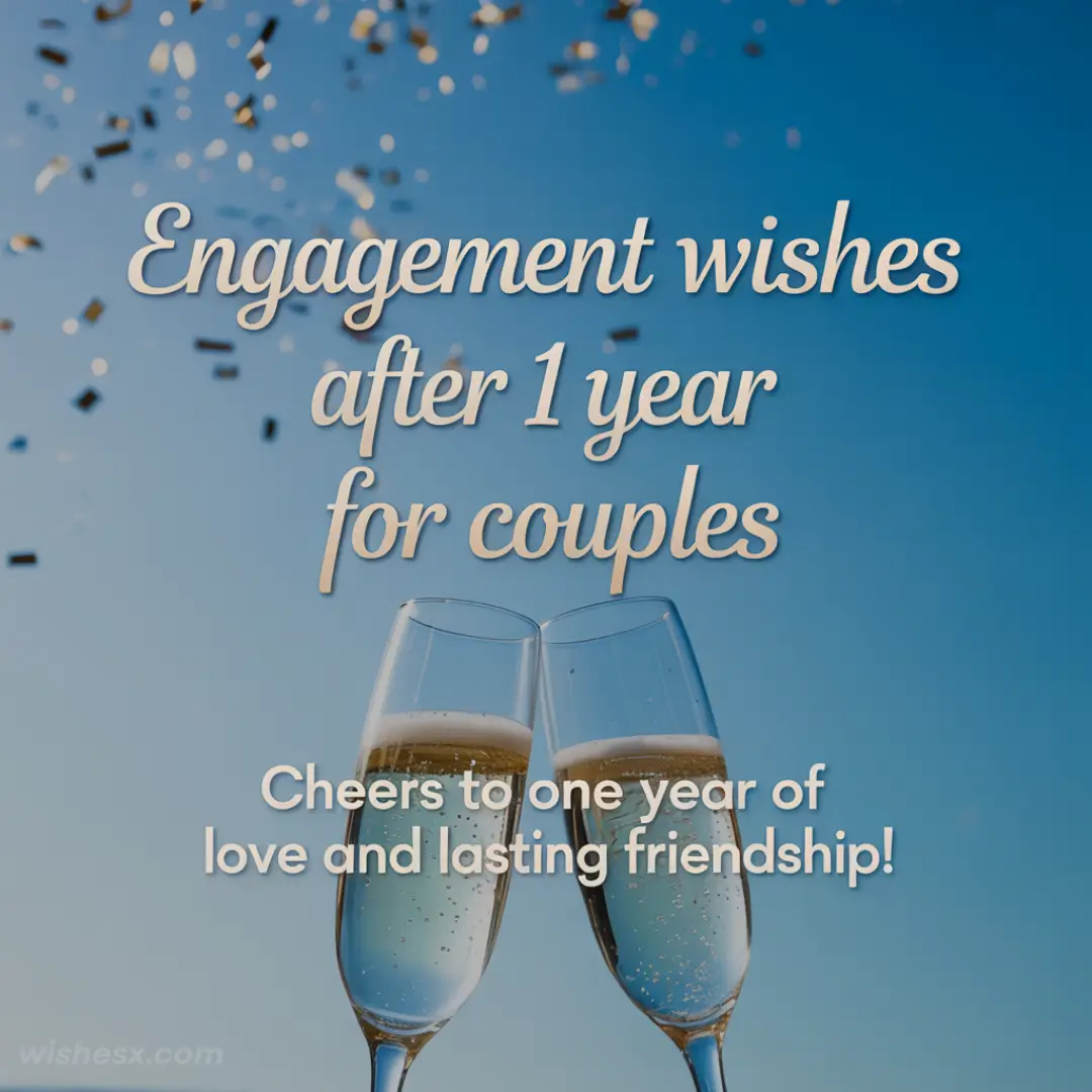 Two champagne glasses clink against a clear blue sky with scattered confetti. Text reads, "Engagement wishes after 1 year for couples. Cheers to one year of love and lasting friendship!"