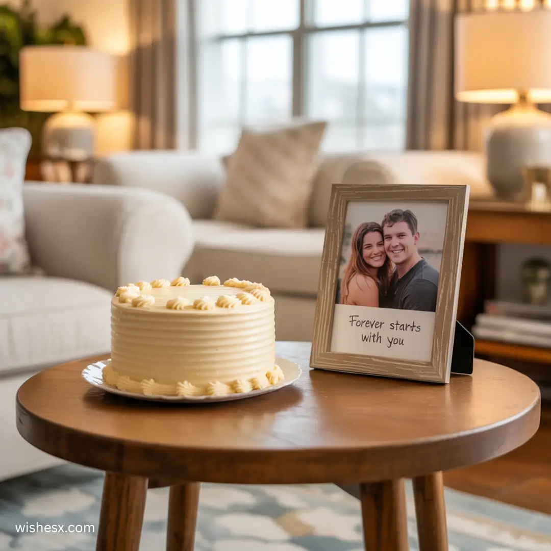 A beautifully decorated wedding cake displayed on a table at the beach, with ocean waves and a clear sky in the background.