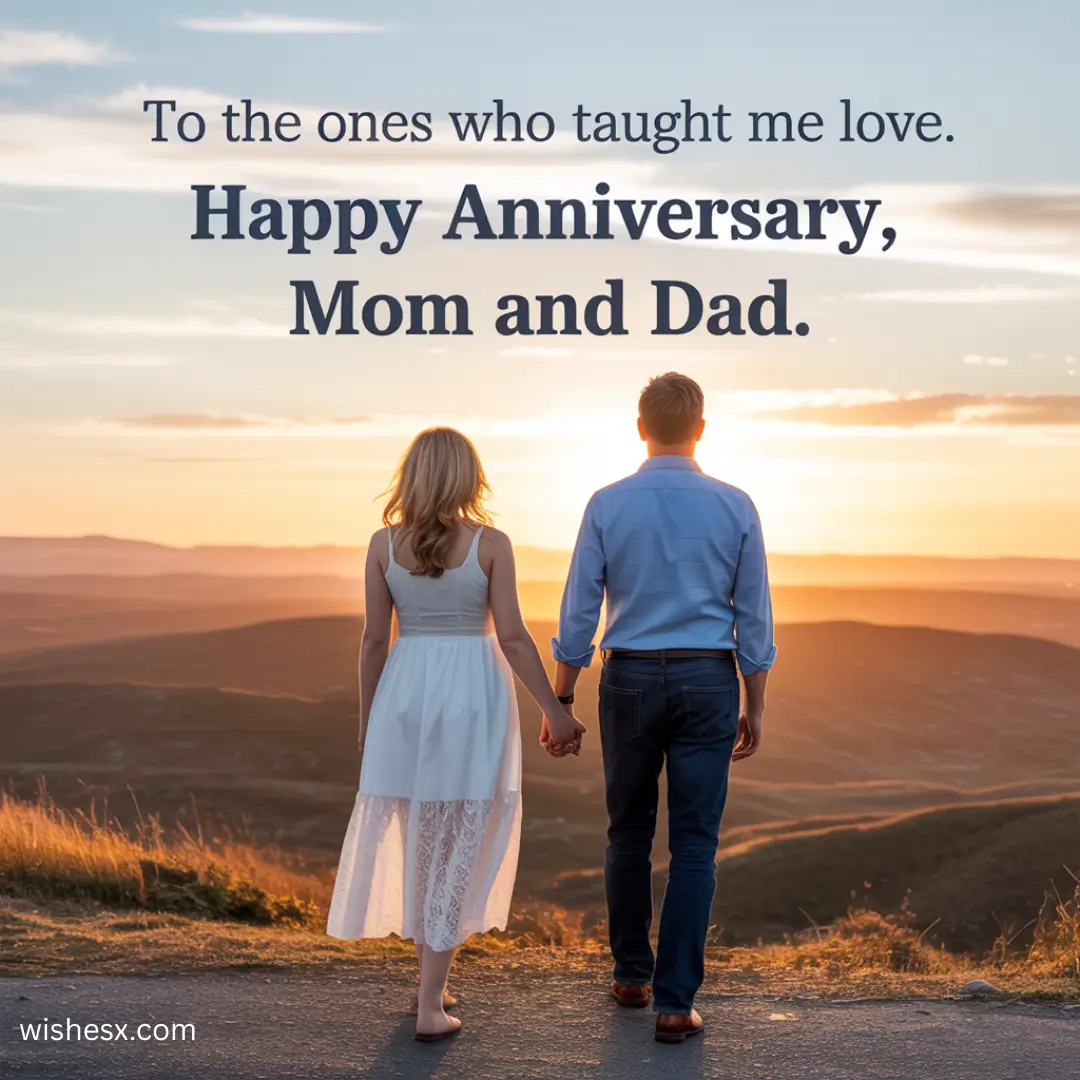 A cheerful anniversary card featuring heartfelt messages for mom and dad, adorned with colorful decorations and floral designs.