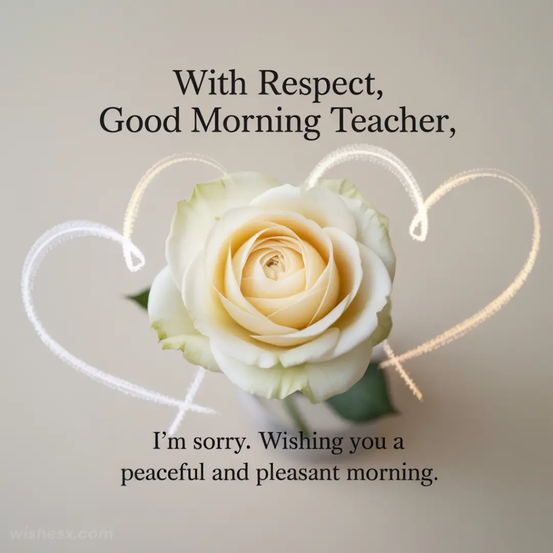 A soft cream rose with a green tint at the edges is surrounded by glowing heart outlines. Text reads: "With Respect, Good Morning Teacher, I'm sorry. Wishing you a peaceful and pleasant morning." The tone is apologetic and respectful.