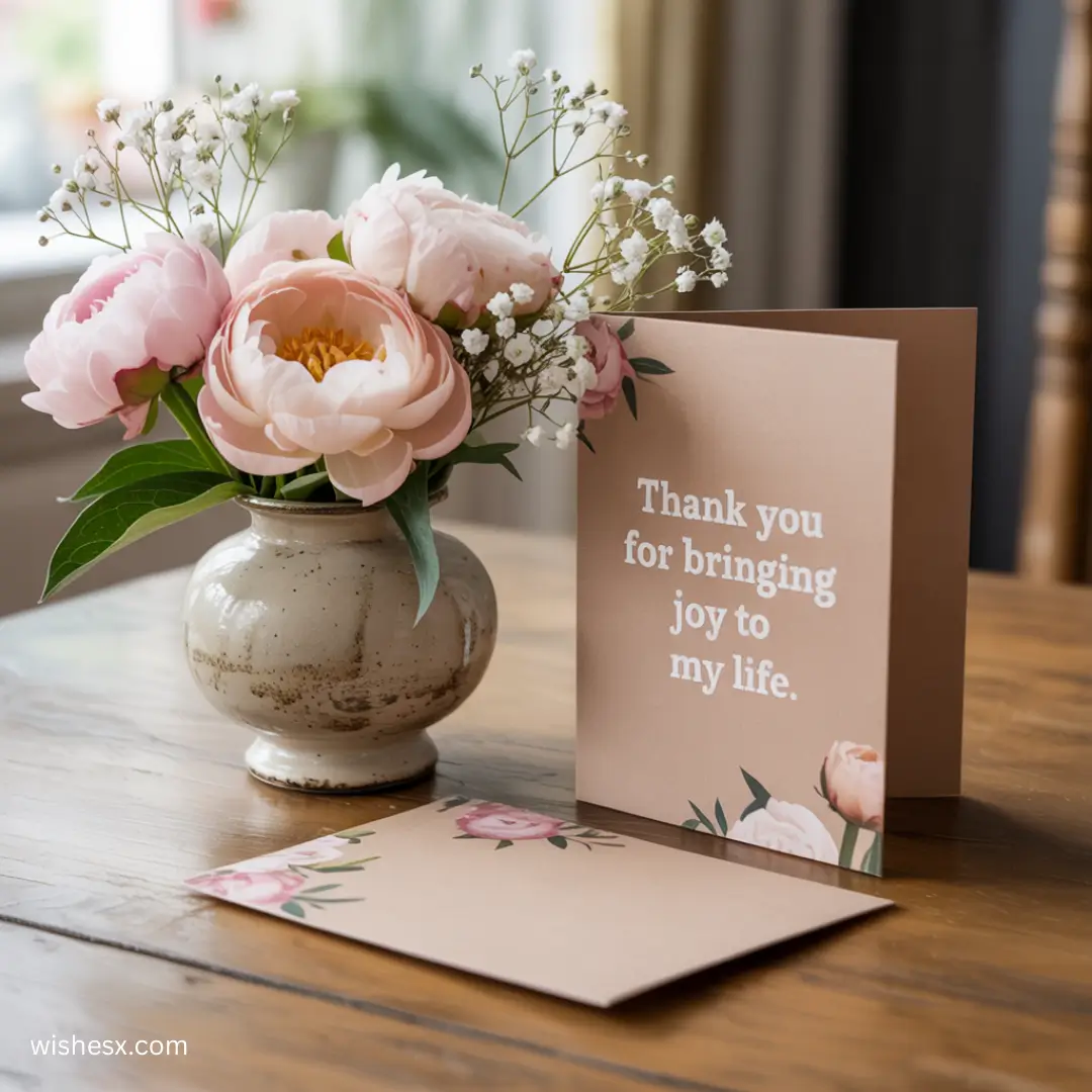 A ceramic vase with pink peonies and white baby's breath on a wooden table, accompanied by a card reading, "Thank you for bringing joy to my life."