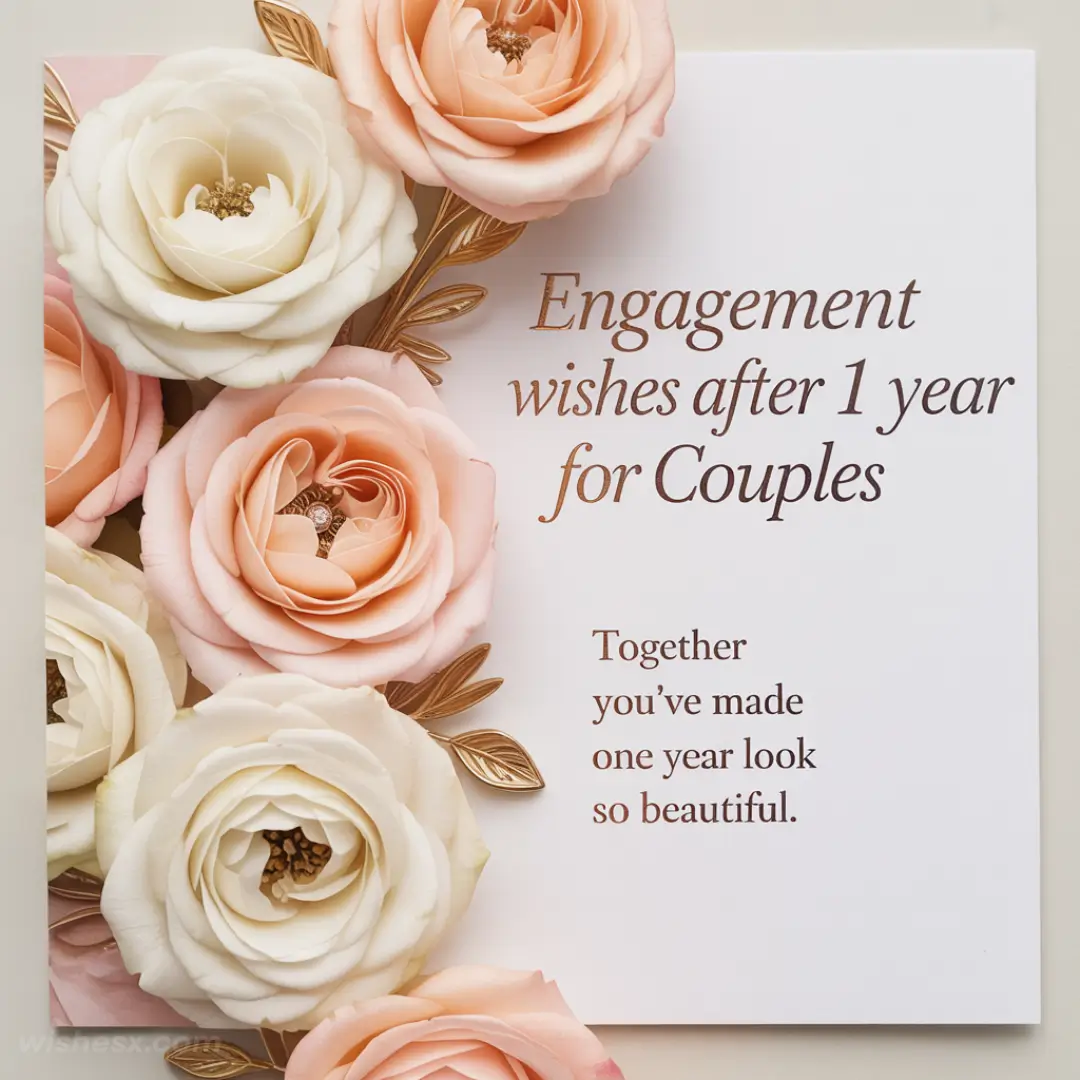 "Engagement wishes card with elegant text surrounded by peach and cream roses with gold leaves. Warm, celebratory tone for couples' one-year mark."