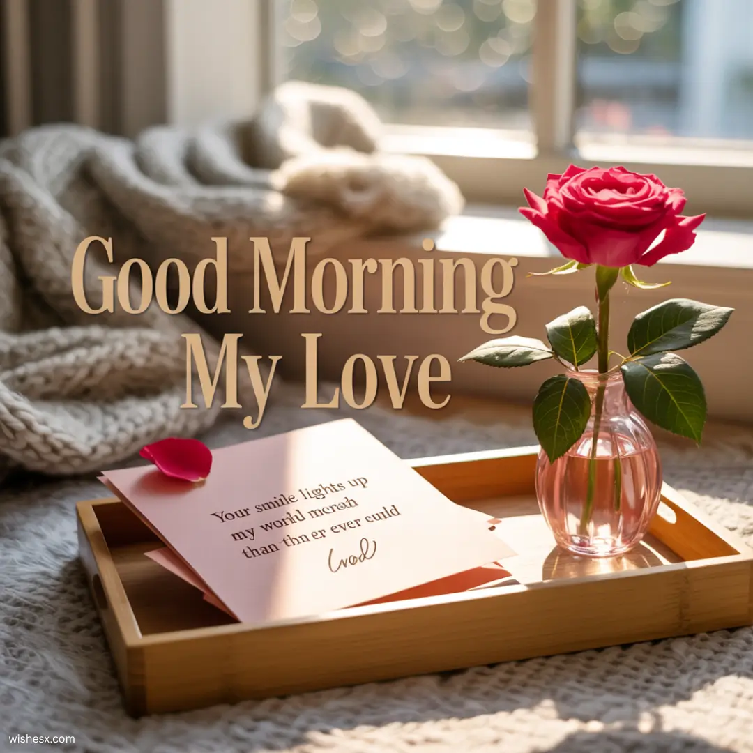 A warm morning greeting with the text "Good morning my love" in elegant script against a soft sunrise background.