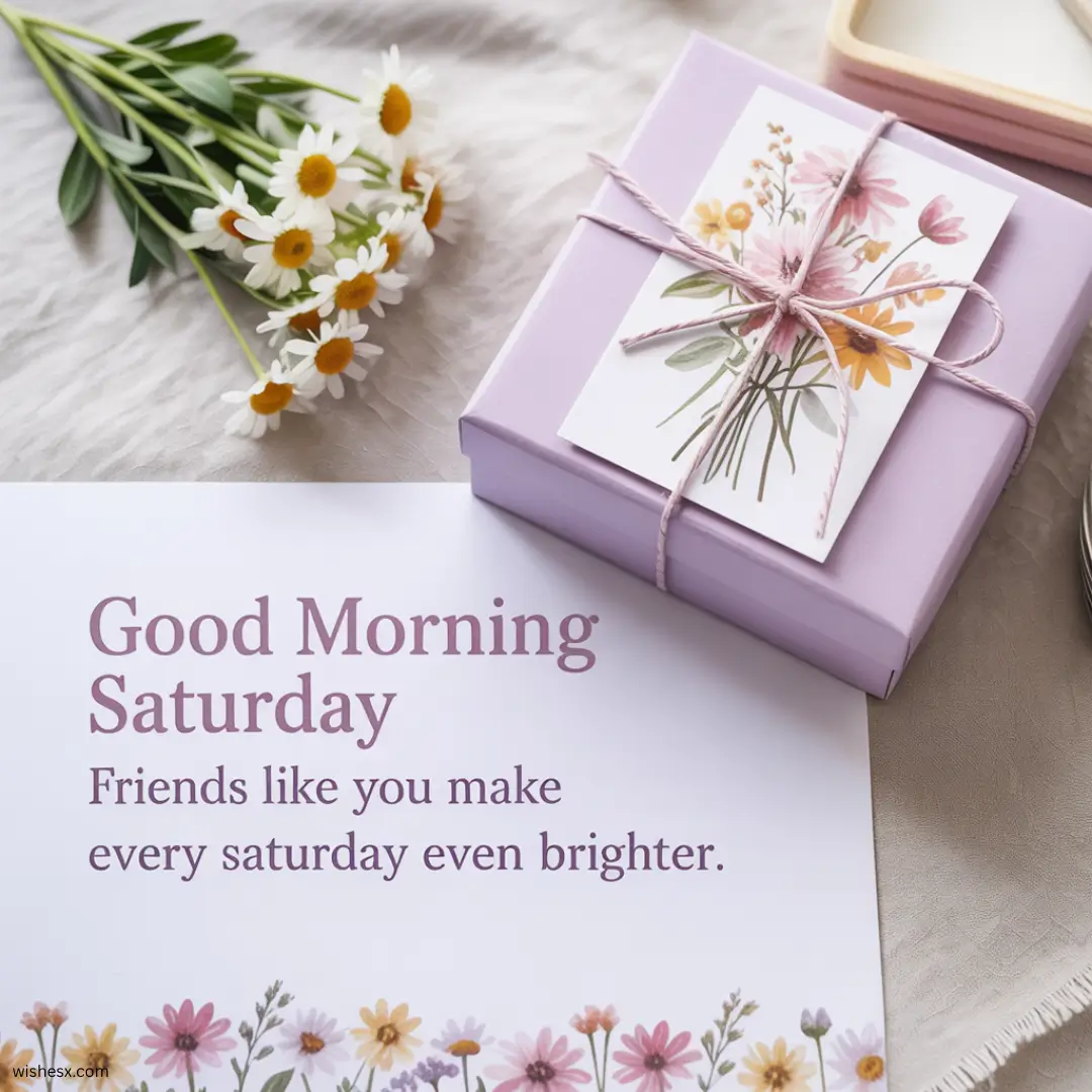 A cheerful message wishing friends a good morning on Saturday, celebrating their presence every Saturday evening.