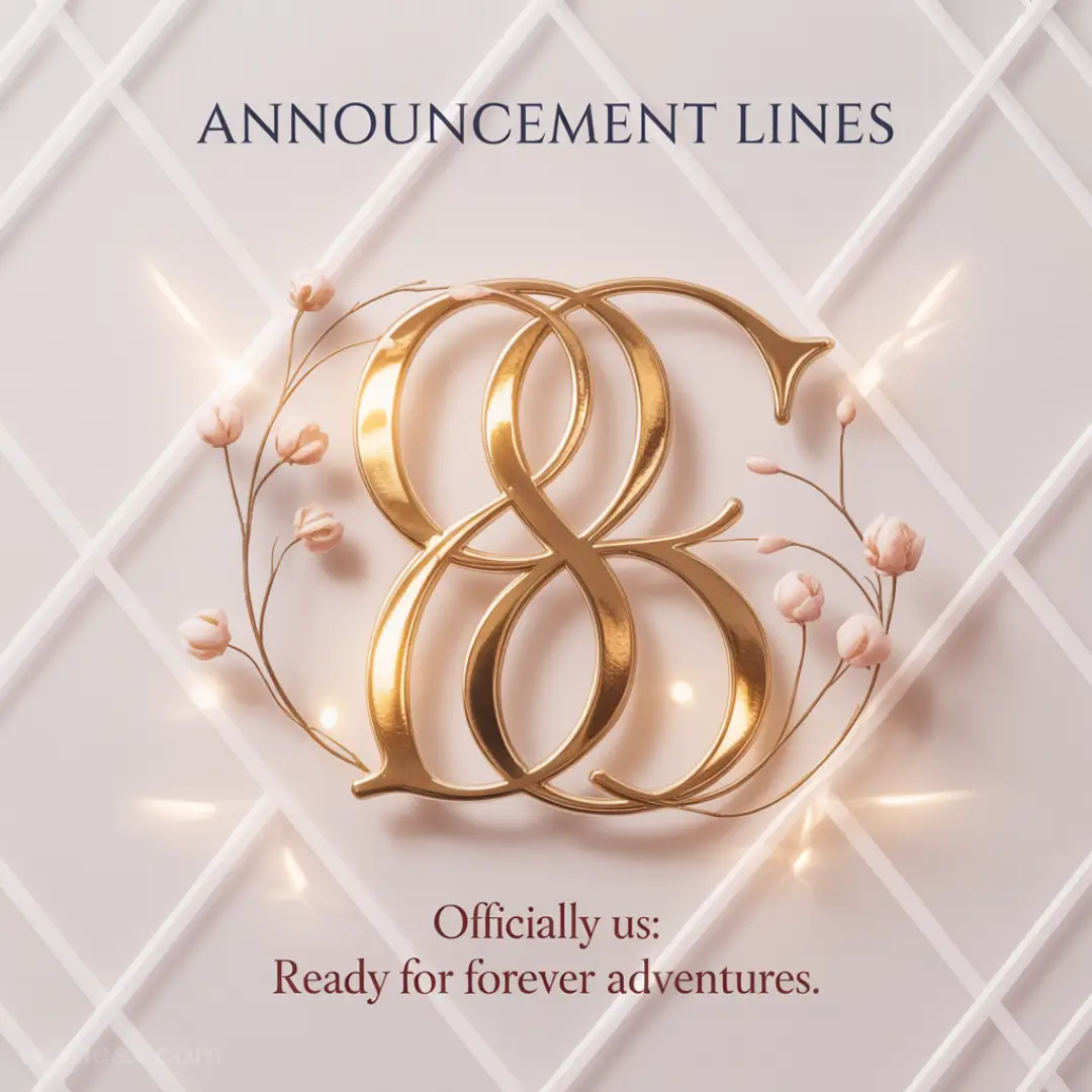 Elegant announcement image with a gold ampersand framed by delicate flowers. Background features a soft, geometric pattern. Text reads: "Officially us: Ready for forever adventures." Tone is romantic and celebratory.